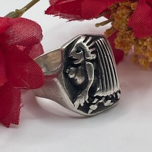 Lg Handmade Sterling Silver Signet Ring Indigenous Figure Mayan Aztec Style 925